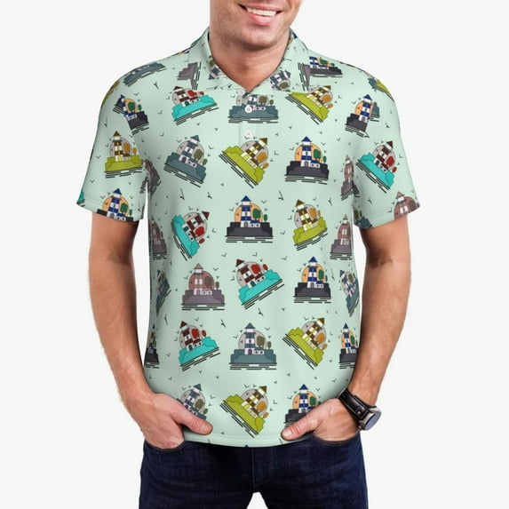 KLL Lighthouse Print Men's Short Sleeve Golf Polo,Three-Button Polo Shirts Summer Fashion Golf Shirt-3X-Large