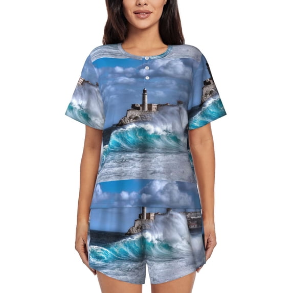 KLL Lighthouse in Havana Print Pajama Set for Women Short Sleeve Sleepwear Pjs Soft 2 Piece Lounge Sleepwear Sets-Large