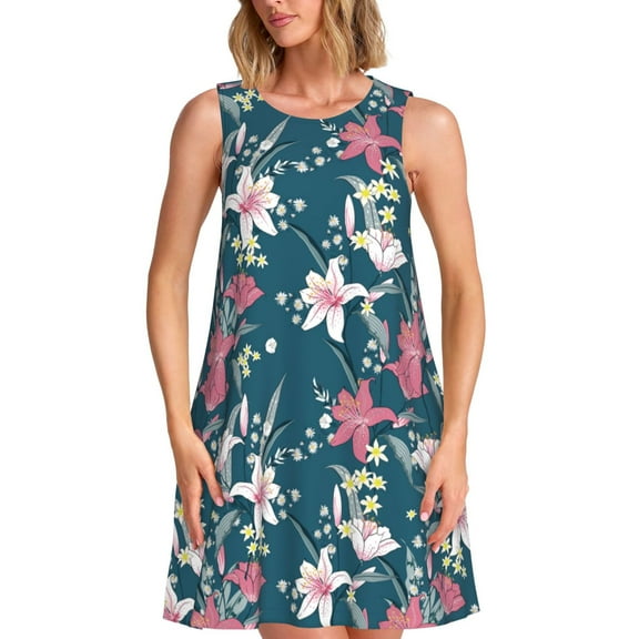KLL Lilies Flowers Pattern Womens Summer Dresses 2025,Loose Round Neck Sleeveless Sundresses Tank Dresses with Pockets