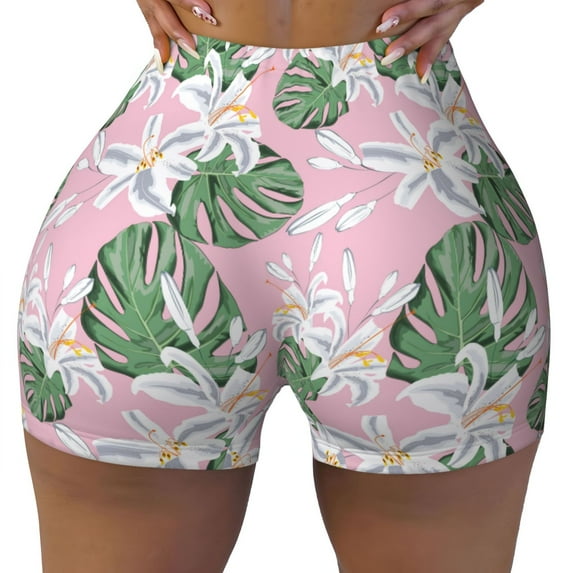 KLL Lilies Flowers Pattern Workout Shorts for Women Scrunch Short Gym Yoga Running Sport Active Exercise Fitness Shorts