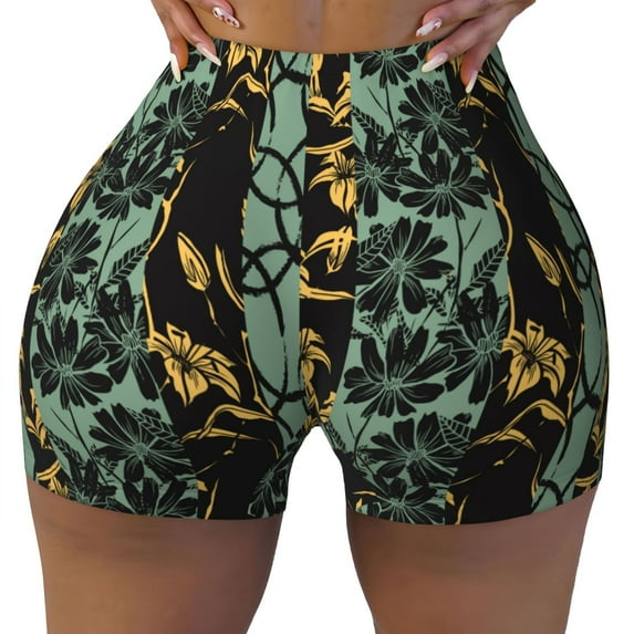 KLL Lilies Flowers Pattern Workout Shorts for Women Scrunch Short Gym Yoga Running Sport Active Exercise Fitness Shorts