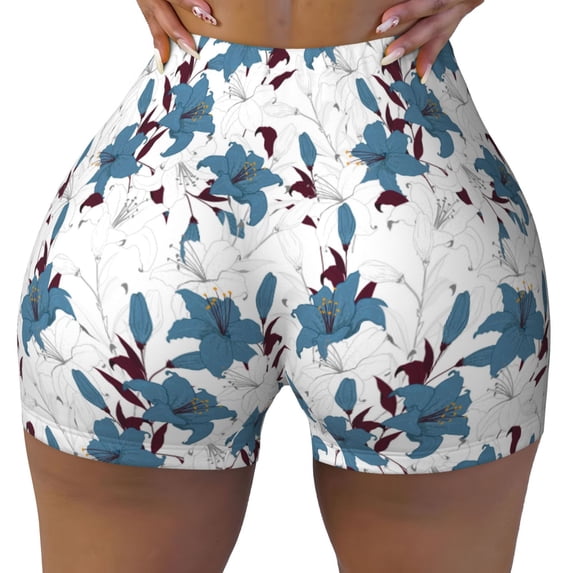 KLL Lilies Flowers Pattern Workout Shorts for Women Scrunch Short Gym Yoga Running Sport Active Exercise Fitness Shorts