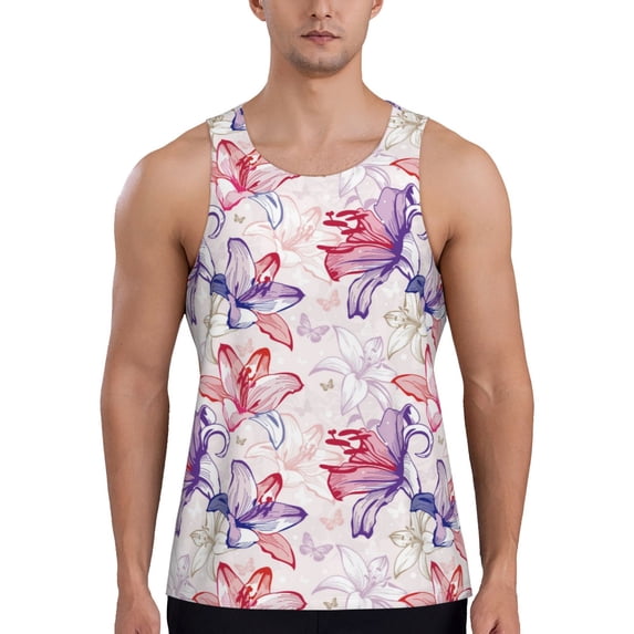 KLL Lilies Flowers Print Men's Muscle Gym Workout Stringer Tank Tops Bodybuilding Fitness T-Shirts Tank Tops Men-XX-Large