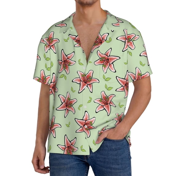 KLL Lilies Flowers Print Men's Shirt Short Sleeve Button Down Summer Cuba Beach Shirts- 4X-Large
