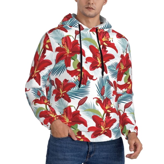 KLL Lilies Flowers Print Mens Hoodie Long Sleeve Casual Pullover Hooded Sweatshirt Fashion Drawstring Hoodies with Pocket-Medium