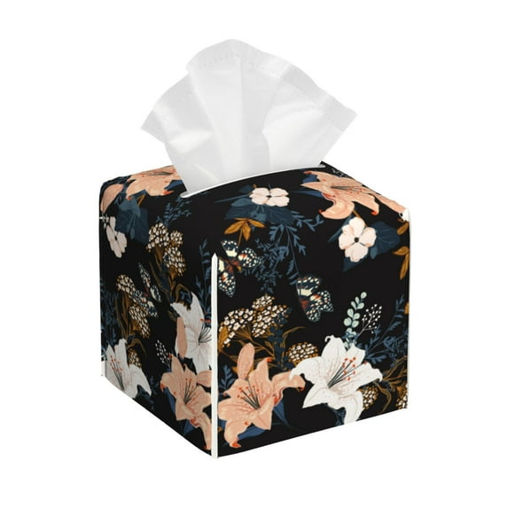 KLL Lilies Flowers Print Tissue Box Cover,Leather Tissue Holder Square Facial Tissue Case Facial Paper Organizer Dispenser for Bathroom, Vanity Countertop