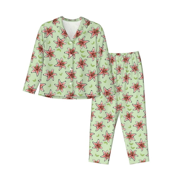 KLL Lilies Flowers Print Women's Long Sleeve Pajamas with Pants Sleepwear Loungewear 2 Set-XX-Large