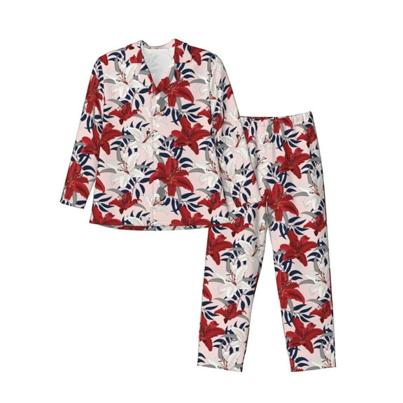 KLL Lilies Flowers Sleepwear Mens Flannel Pajamas,Long Cotton Pj Set