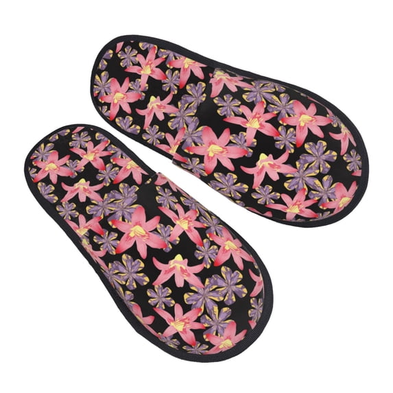KLL Lilies Flowers Slippers for Women Men House Slip on Indoor Outdoor Bedroom Furry Fleece Lined Ladies Comfy Anti-Skid Rubber Hard Sole-Medium