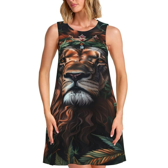 KLL Lion Forest Crown Pattern Womens Summer Dresses 2025,Loose Round Neck Sleeveless Sundresses Tank Dresses with Pockets
