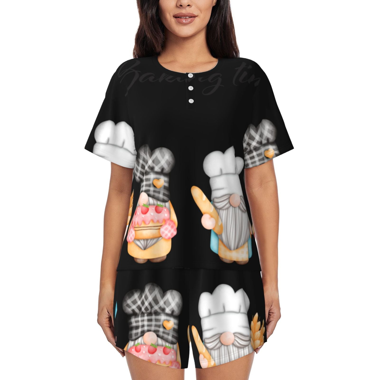 KLL Little Chef Gnome Print Pajama Set for Women Short Sleeve Sleepwear ...