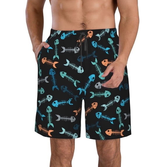 KLL Little Fish Skeleton Men's Casual Summer Beach Shorts Hawaiian Shorts with Pockets-XX-Large