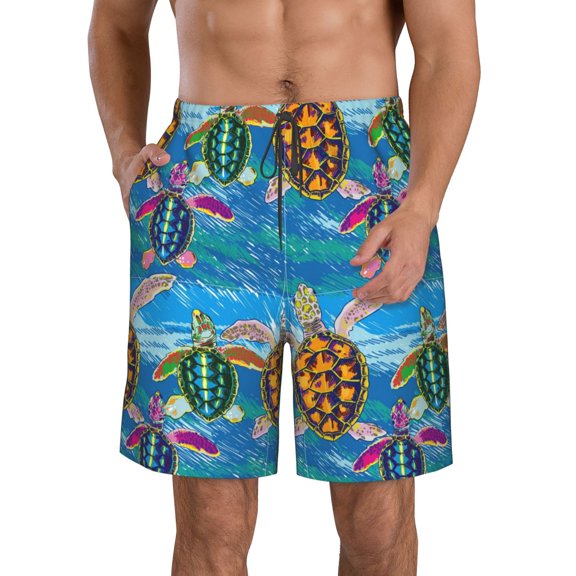 KLL Little Sea Turtles Men's Casual Summer Beach Shorts Hawaiian Shorts with Pockets-Large