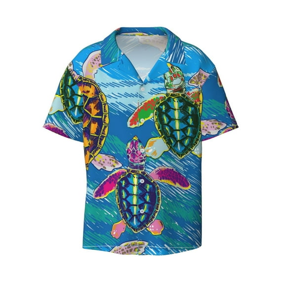 KLL Little Sea Turtles Print Men's Shirt Short Sleeve Button Down Summer Cuba Beach Shirts- Medium