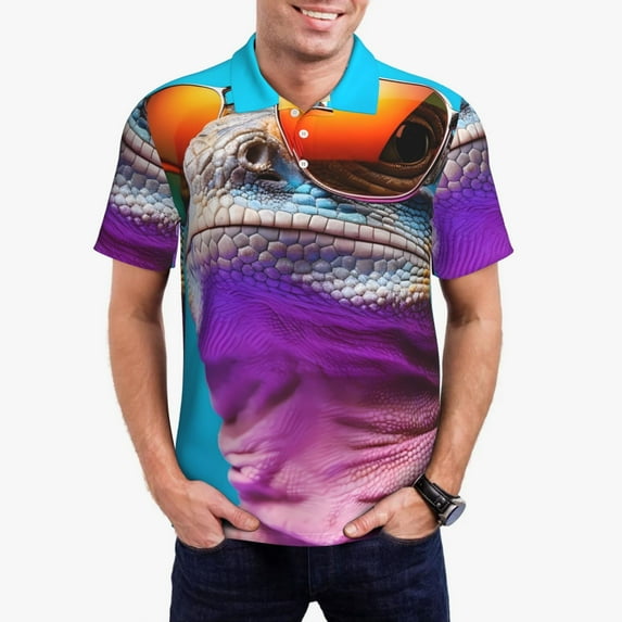 KLL Lizard With Sunglasses Colorful Print Men's Short Sleeve Golf Polo,Three-Button Polo Shirts Summer Fashion Golf Shirt-XX-Large
