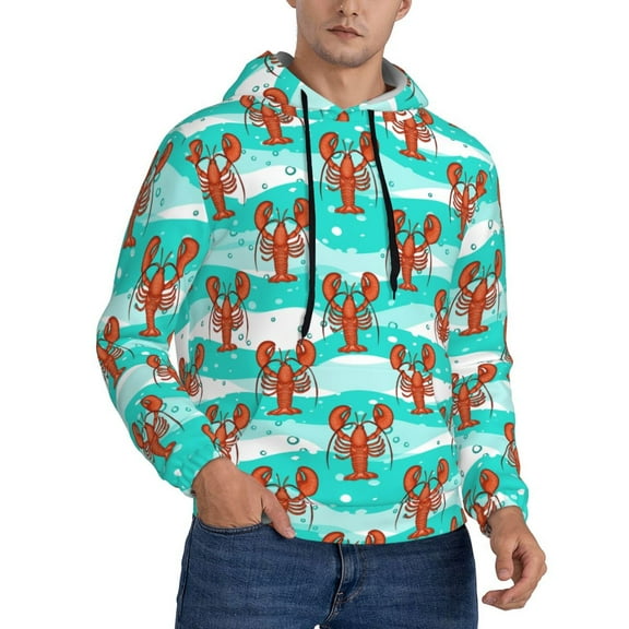 KLL Lobsters Of Turquoise Waves Print Mens Hoodie Long Sleeve Casual Pullover Hooded Sweatshirt Fashion Drawstring Hoodies with Pocket-XX-Large