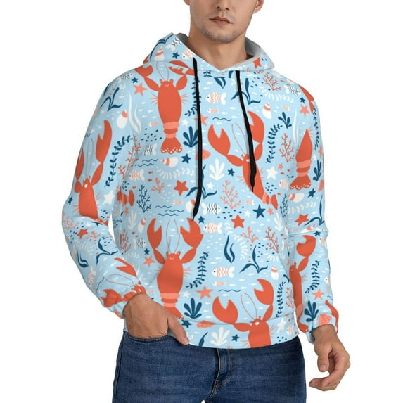 KLL Lobsters Print Mens Hoodie Long Sleeve Casual Pullover Hooded Sweatshirt Fashion Drawstring Hoodies with Pocket-4X-Large