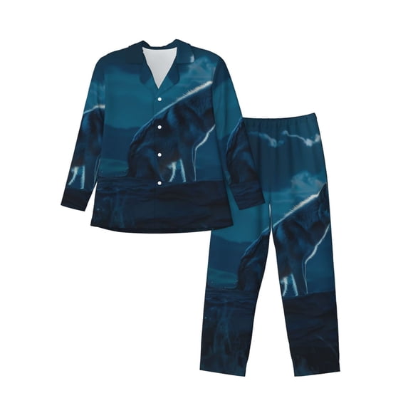 KLL Lonely Night Wolf Sleepwear Mens Flannel Pajamas,Long Cotton Pj Set