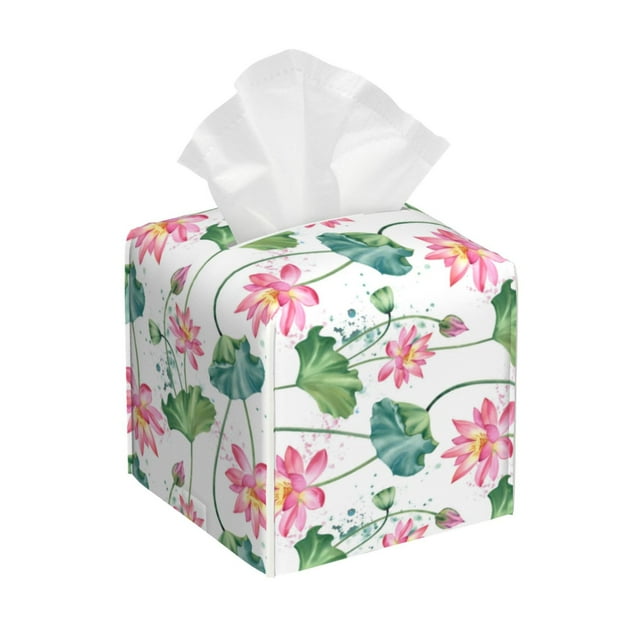 KLL Lotus Flower Print Tissue Box Cover,Leather Tissue Holder Square Facial Tissue Case Facial Paper Organizer Dispenser for Bathroom, Vanity Countertop