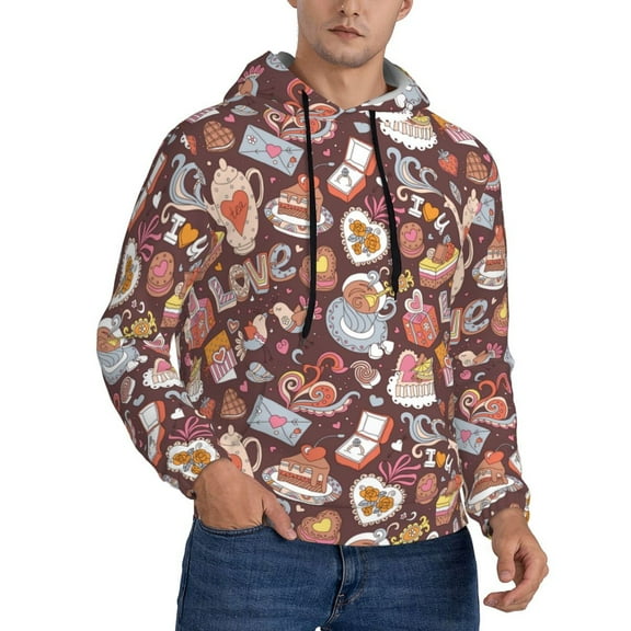 KLL Love Heart Print Mens Hoodie Long Sleeve Casual Pullover Hooded Sweatshirt Fashion Drawstring Hoodies with Pocket-Medium