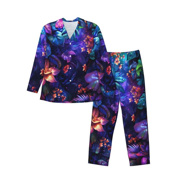 KLL Magic Colorful Forest Leaves Sleepwear Mens Flannel Pajamas,Long Cotton Pj Set