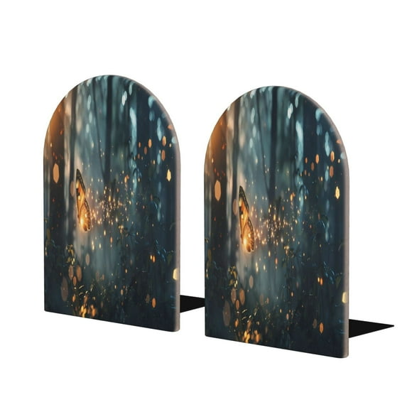 KLL Magical Butterfly In Forest Print Wood Book Ends for Shelves,1 Pair Wood Bookends Book Holder Stand Decorative, Book Stoppers for Heavy Duty Books CD File Video Games