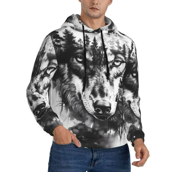 KLL Majestic Wolf Landscape Print Mens Hoodie Long Sleeve Casual Pullover Hooded Sweatshirt Fashion Drawstring Hoodies with Pocket-4X-Large