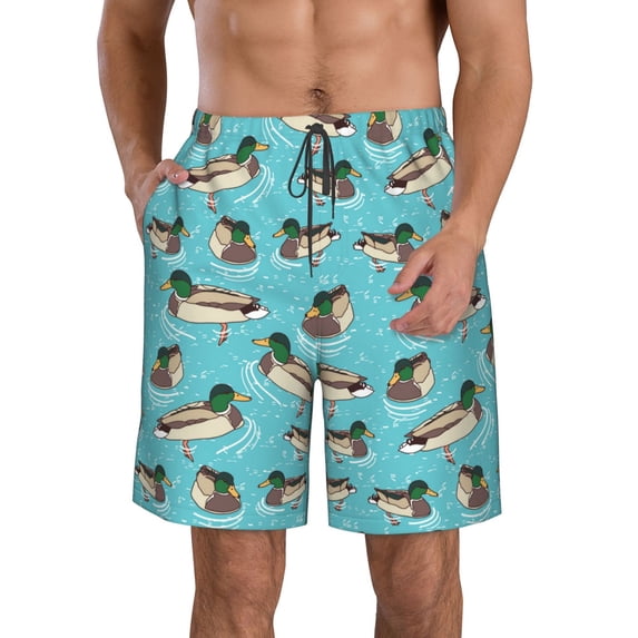 KLL Mallard Ducks Swimming In The Lake Men's Casual Summer Beach Shorts Hawaiian Shorts with Pockets-Small