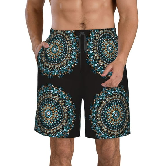 KLL Mandala Men's Casual Summer Beach Shorts Hawaiian Shorts with Pockets-Large