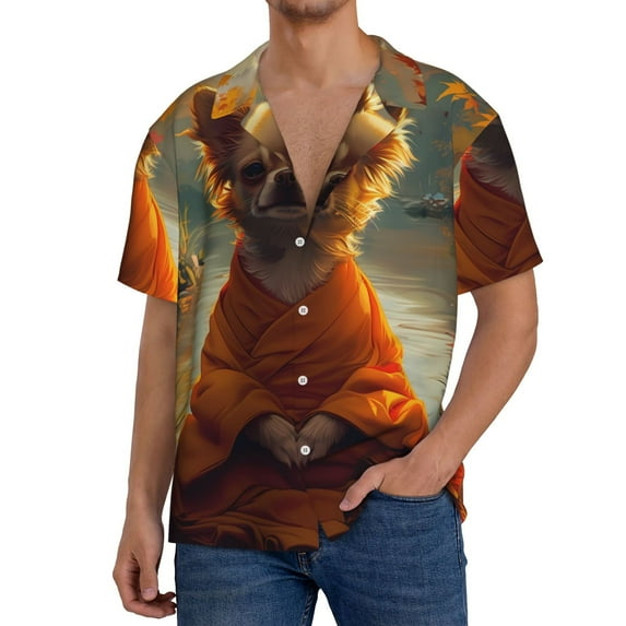KLL Maple Leaf Meditating Chihuahua Print Men's Shirt Short Sleeve Button Down Summer Cuba Beach Shirts- 3X-Large