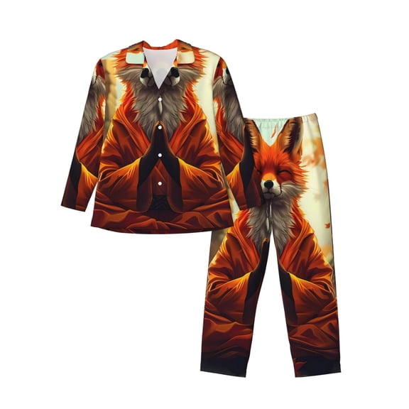 KLL Maple Leaf Meditating Fox Sleepwear Mens Flannel Pajamas,Long Cotton Pj Set