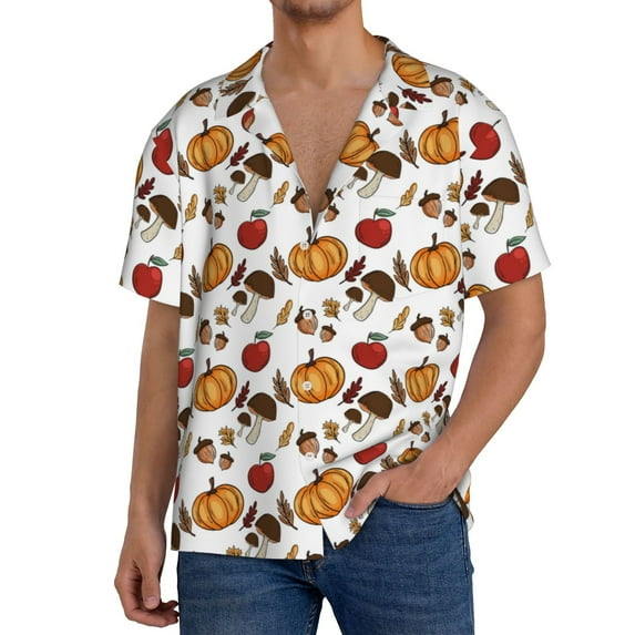 KLL Maple leaf nut Mushroom Print Men's Shirt Short Sleeve Button Down Summer Cuba Beach Shirts- X-Large