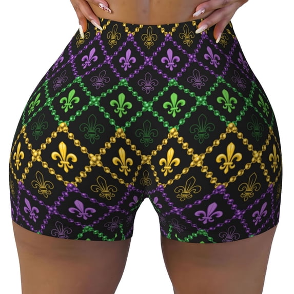 KLL Mardi Gra Geometric Pattern Workout Shorts for Women Scrunch Short Gym Yoga Running Sport Active Exercise Fitness Shorts