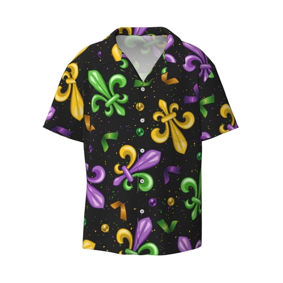 KLL Mardi Gras Carnival4 Print Men's Shirt Short Sleeve Button Down Summer Cuba Beach Shirts- X-Large