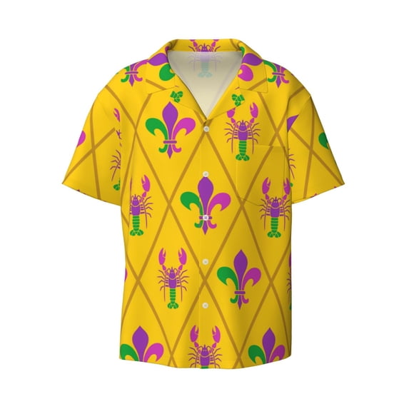 KLL Mardi Gras Crayfish and Fleur de lis Print Men's Shirt Short Sleeve Button Down Summer Cuba Beach Shirts- X-Large