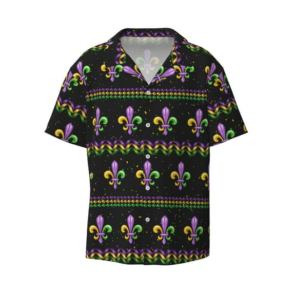 KLL Mardi Gras Fleur de Lis Print Men's Shirt Short Sleeve Button Down Summer Cuba Beach Shirts- XX-Large