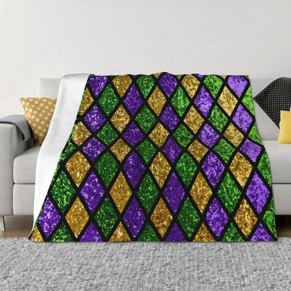 KLL Mardi Gras Shiny Green Purple Print Fleece Throw Blanket, Horizontal Fleece Bedding Cute Soft Blankets Comfy Fleece Flannel Plush Home Decor for Couch & Bed -80"x60"