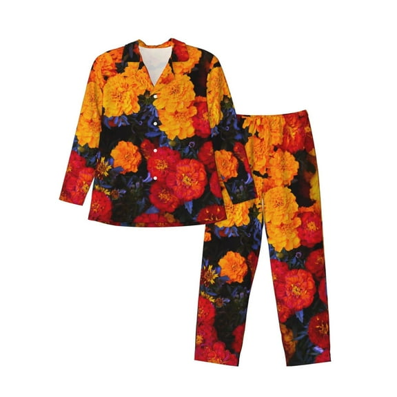 KLL Marigold Flowers In Different Colors Sleepwear Mens Flannel Pajamas,Long Cotton Pj Set