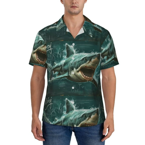 KLL Men's Hawaiian Shirt Short Sleeve Button Down Beach Shirts-Abstract Geometric Shark