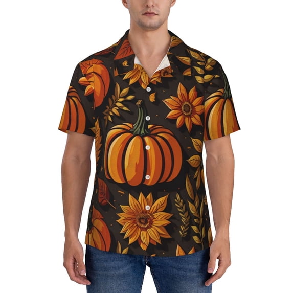 KLL Men's Hawaiian Shirt Short Sleeve Button Down Beach Shirts-Autumn Pumpkin Leaves