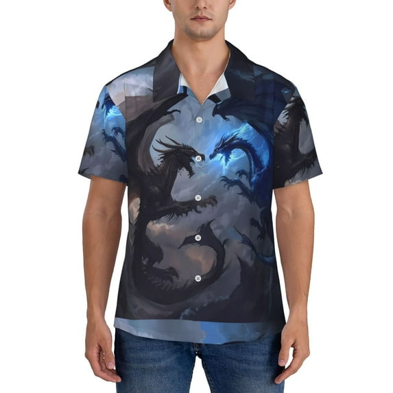 KLL Men's Hawaiian Shirt Short Sleeve Button Down Beach Shirts-Black And Blue Lightning Dragon