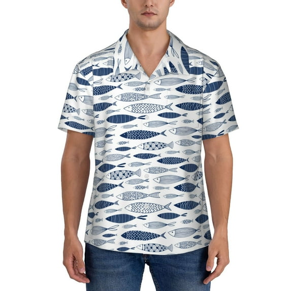 KLL Men's Hawaiian Shirt Short Sleeve Button Down Beach Shirts-Blue Fish