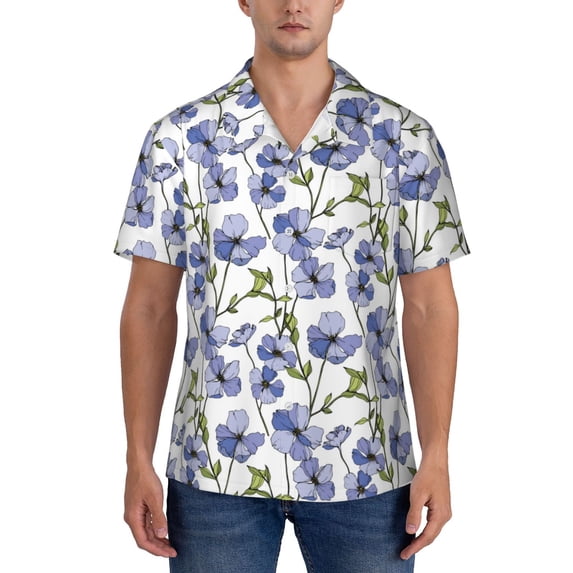 KLL Men's Hawaiian Shirt Short Sleeve Button Down Beach Shirts-Blue Flax Flowers