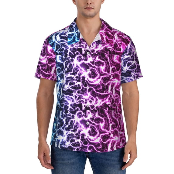 KLL Men's Hawaiian Shirt Short Sleeve Button Down Beach Shirts-Blue Lightning