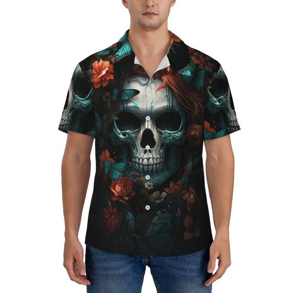 KLL Men's Hawaiian Shirt Short Sleeve Button Down Beach Shirts-Butterfly Flower Skull
