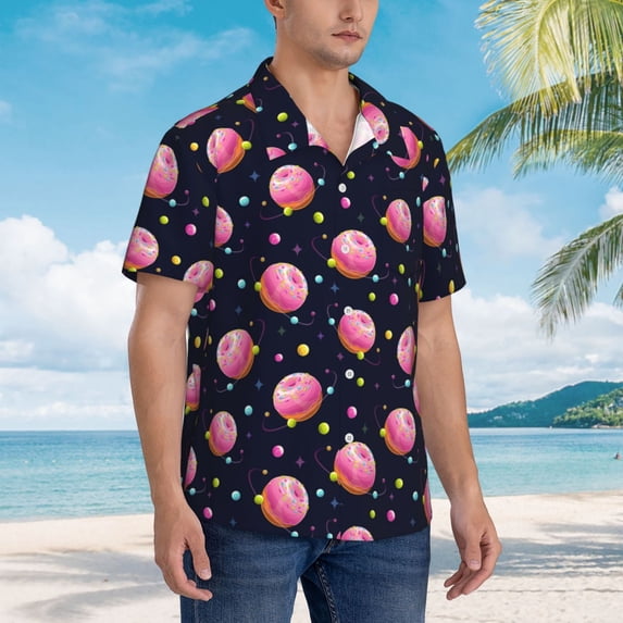 KLL Men's Hawaiian Shirt Short Sleeve Button Down Beach Shirts-Cartoon Donut Planets