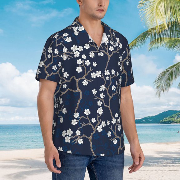 KLL Men's Hawaiian Shirt Short Sleeve Button Down Beach Shirts-Cherry Blossoms on Navy Background