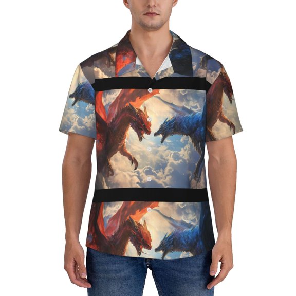 KLL Men's Hawaiian Shirt Short Sleeve Button Down Beach Shirts-Cloud Red And Blue Dragon