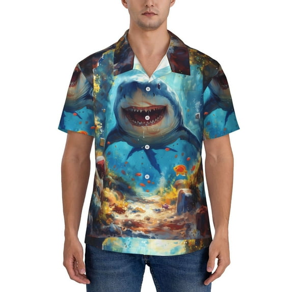 KLL Men's Hawaiian Shirt Short Sleeve Button Down Beach Shirts-Colorful Underwater Shark