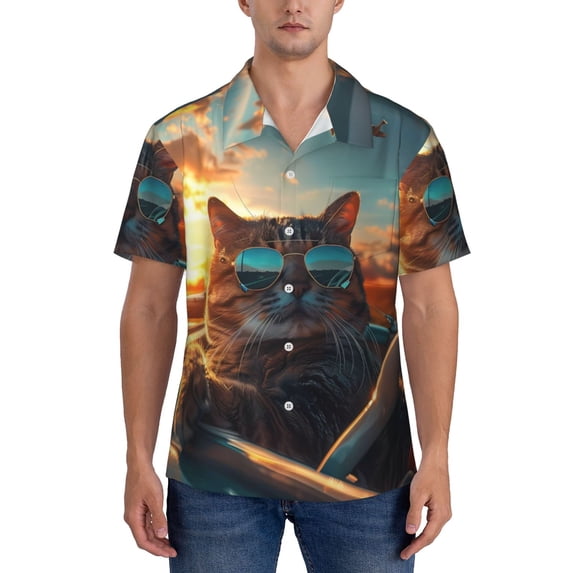 KLL Men's Hawaiian Shirt Short Sleeve Button Down Beach Shirts-Cool Cat Driving Sunset